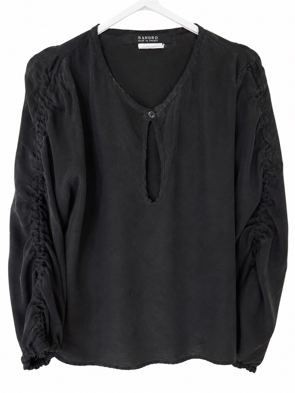 Sandro Black Ruched-Sleeve Keyhole Blouse